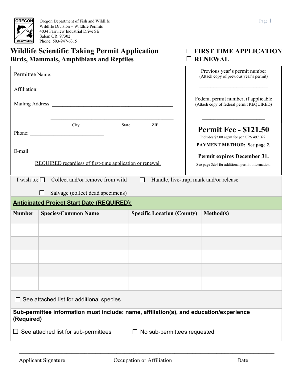 Wildlife Scientific Taking Permit Application - Birds, Mammals, Amphibians and Reptiles - Oregon, Page 1