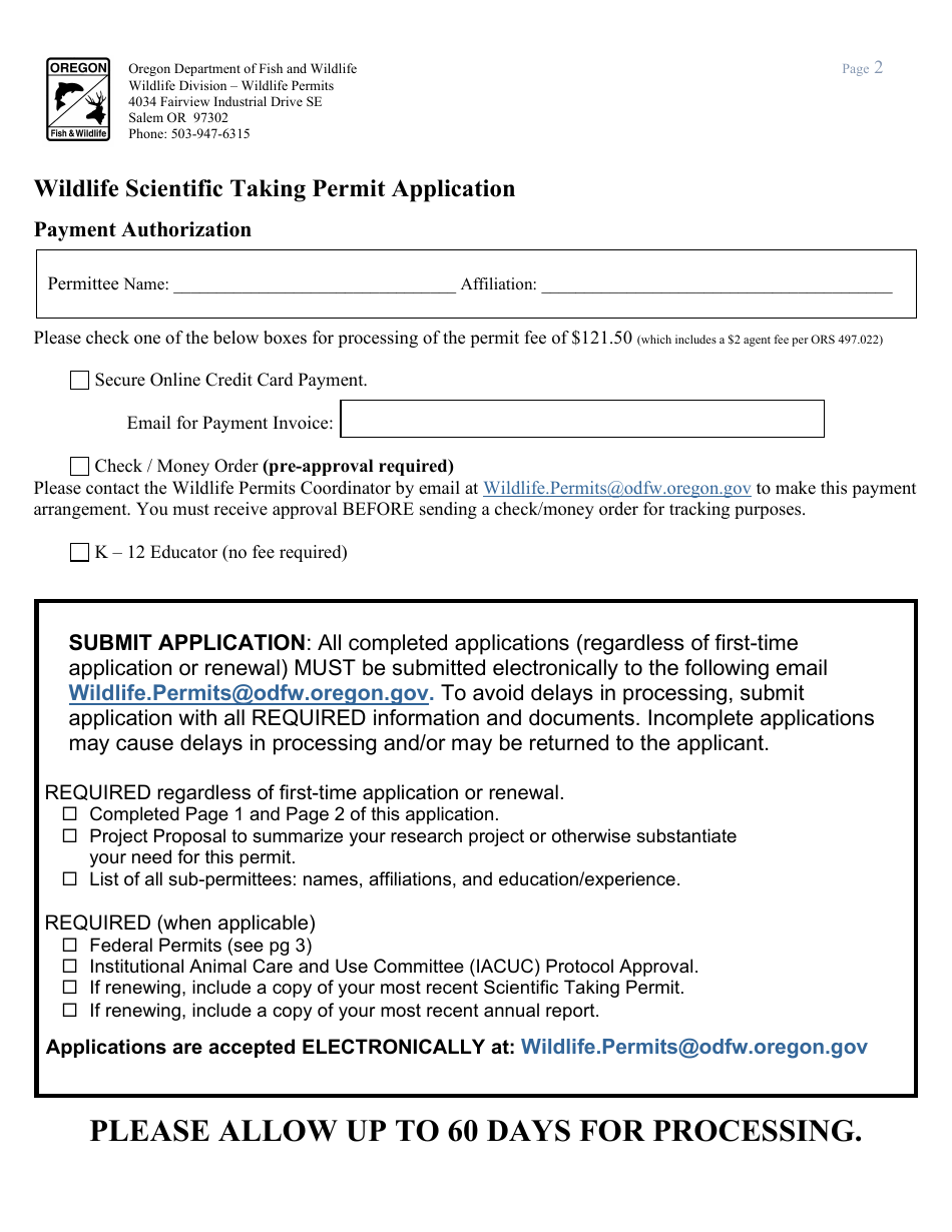 Wildlife Scientific Taking Permit Application - Birds, Mammals, Amphibians and Reptiles - Oregon, Page 2