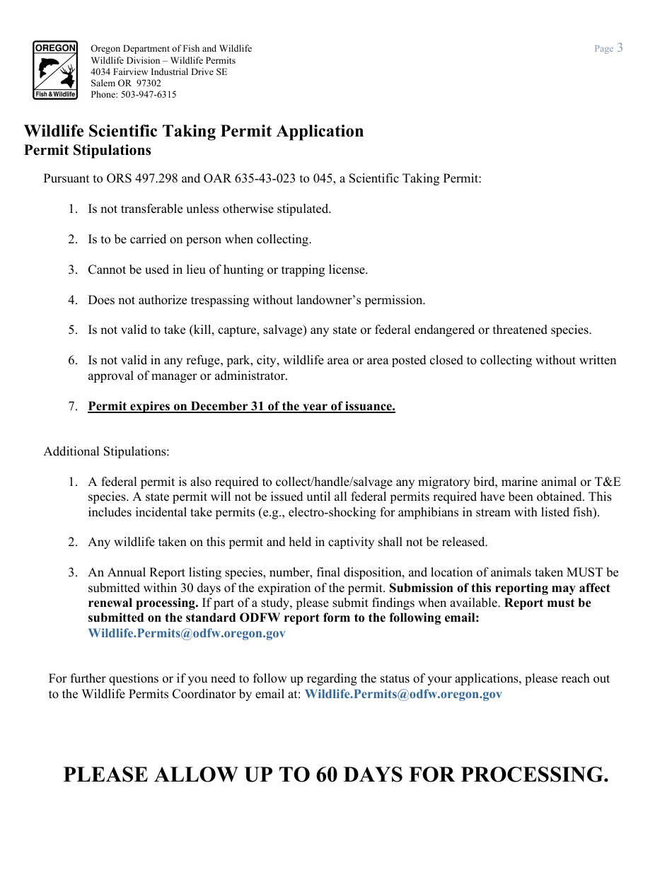 Wildlife Scientific Taking Permit Application - Birds, Mammals, Amphibians and Reptiles - Oregon, Page 3