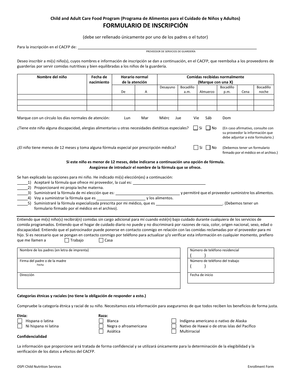 Formulario De Inscripcion - Programa De Alimentos Para El Cuidado De Ninos Y Adultos - Washington (Spanish), Page 1