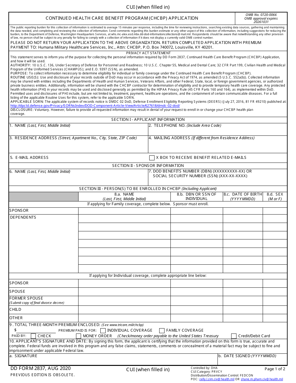 DD Form 2837 Continued Health Care Benefit Program (Chcbp) Application, Page 1