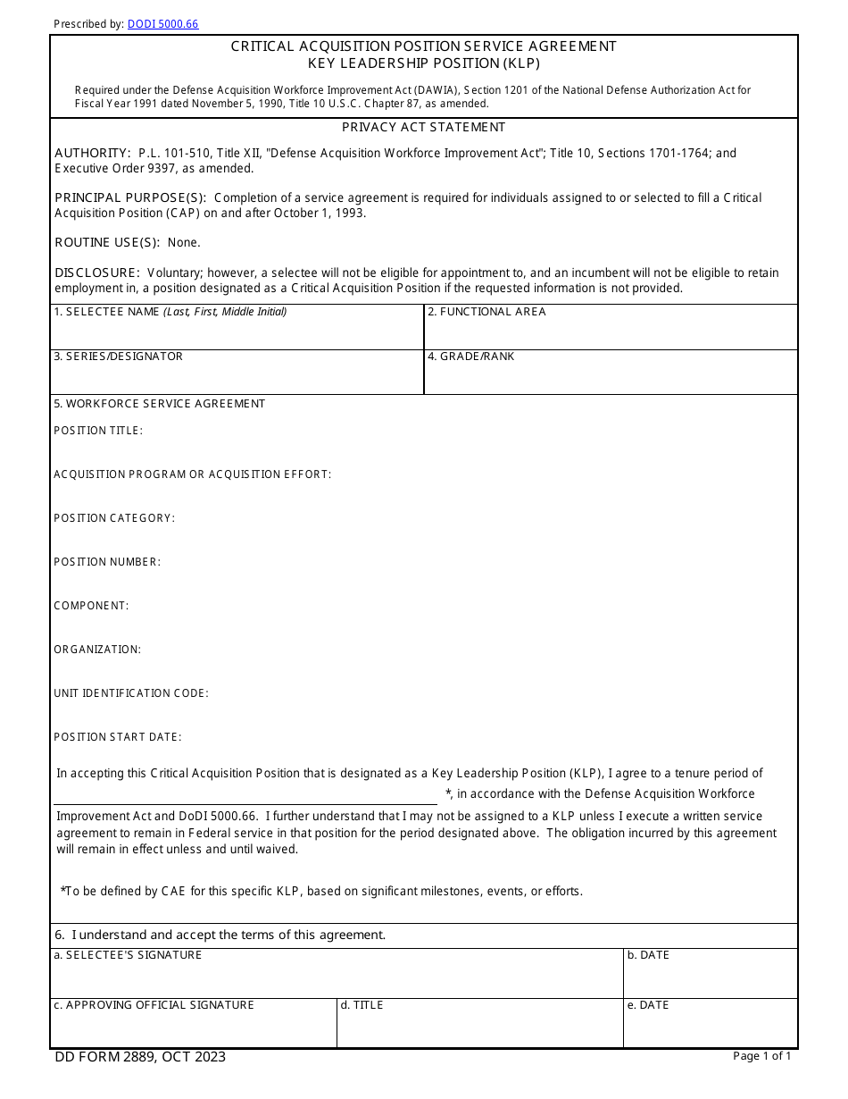 DD Form 2889 Critical Acquisition Position Service Agreement Key Leadership Position (Klp), Page 1