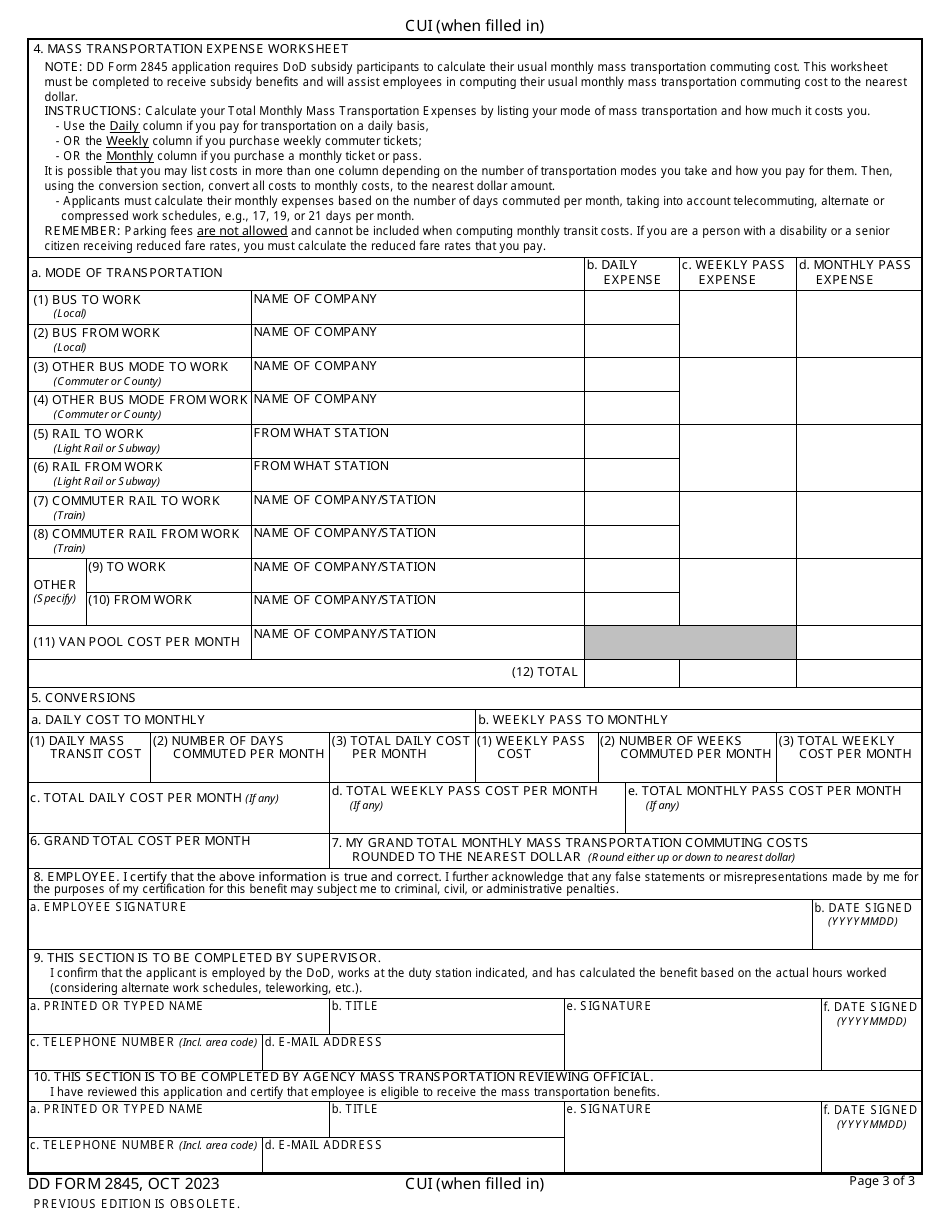 DD Form 2845 U.S. Department of Defense (National Capital Region) Mass Transportation Benefit Program Application, Page 3