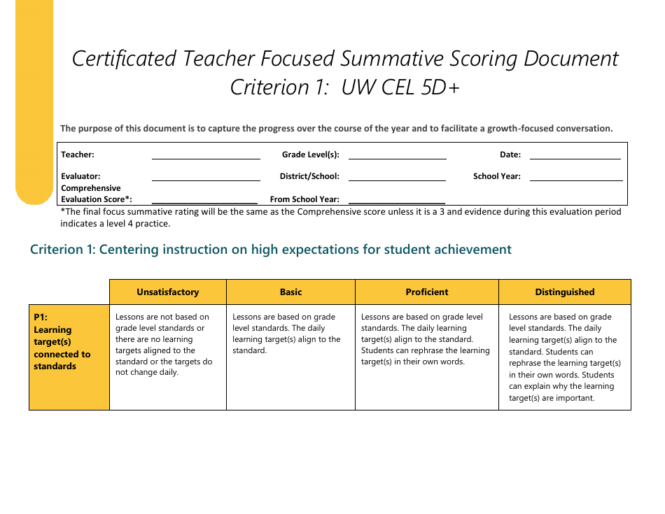 Certificated Teacher Focused Summative Scoring Document Criterion 1: Uw Cel 5d+ - Washington, Page 1