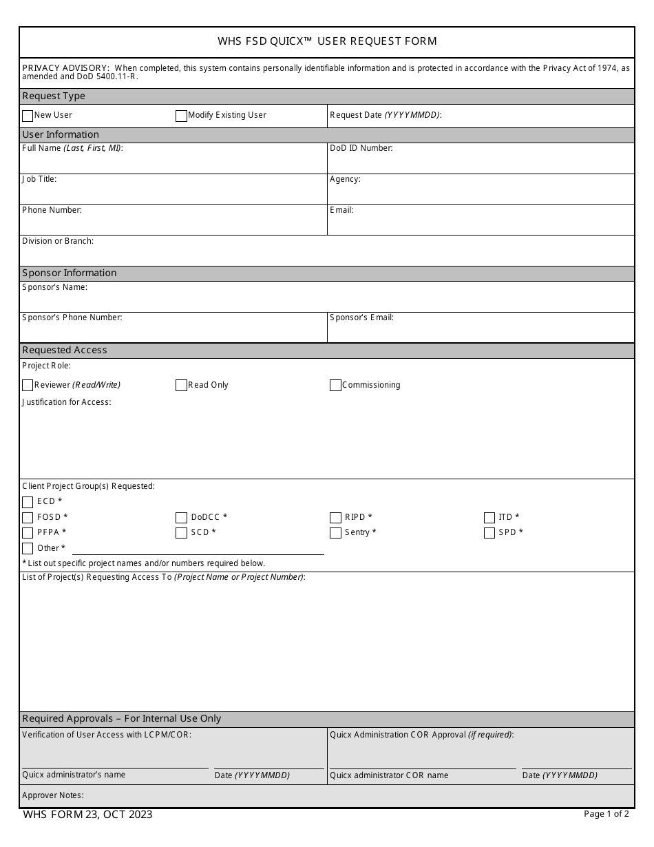 WHS Form 23 WHS Fsd Quicx User Request Form, Page 1