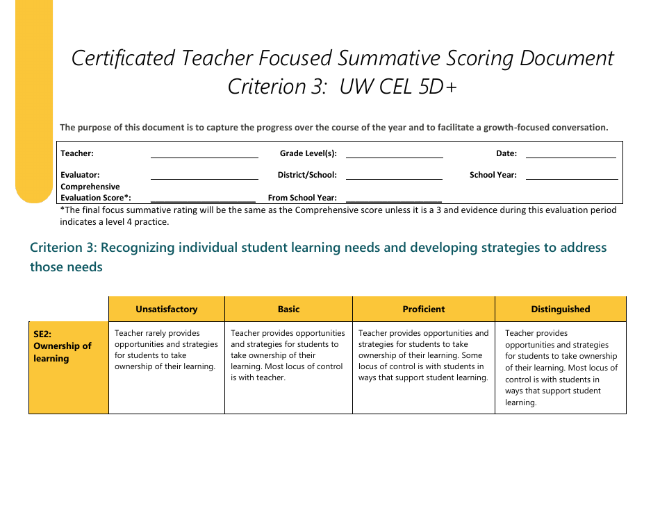 Certificated Teacher Focused Summative Scoring Document Criterion 3: Uw Cel 5d+ - Washington, Page 1