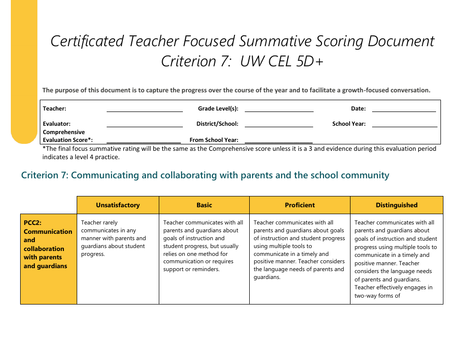 Certificated Teacher Focused Summative Scoring Document Criterion 7: Uw Cel 5d+ - Washington, Page 1