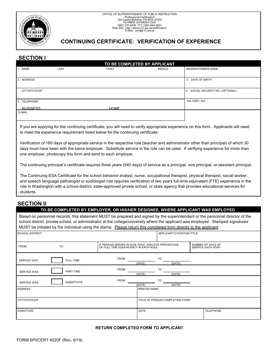Form SPI / CERT4020F Continuing Certificate: Verification of Experience - Washington, Page 1