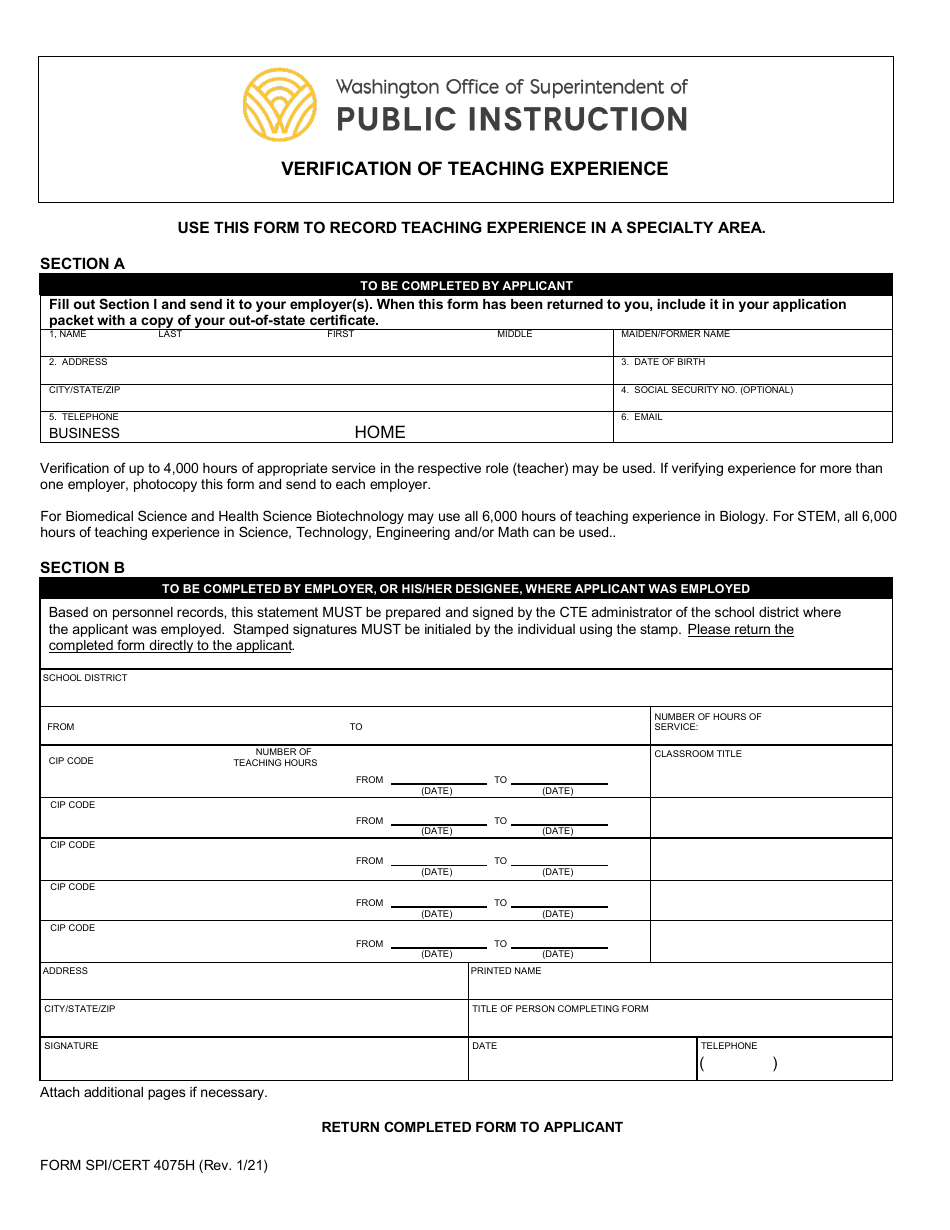 Form SPI / CERT4075H Verification of Teaching Experience - Washington, Page 1