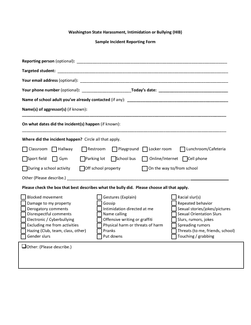 Harassment, Intimidation or Bullying (Hib) Sample Incident Reporting Form - Washington Download Pdf