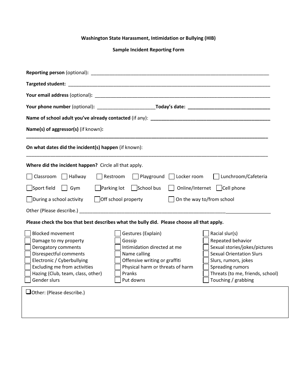 Harassment, Intimidation or Bullying (Hib) Sample Incident Reporting Form - Washington, Page 1