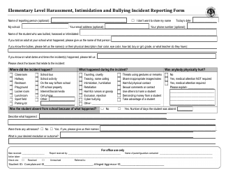 Document preview: Elementary Level Harassment, Intimidation and Bullying Incident Reporting Form - Bellevue School District - Washington