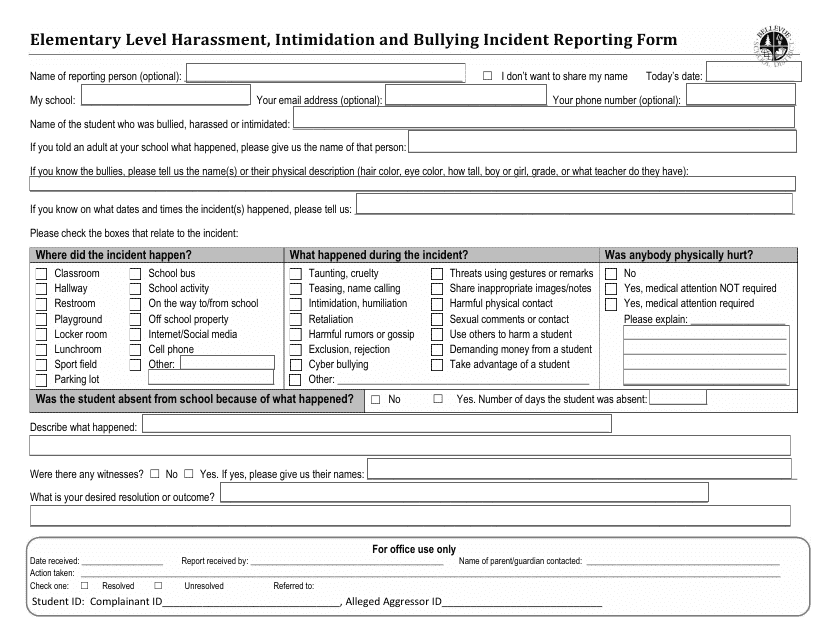Elementary Level Harassment, Intimidation and Bullying Incident Reporting Form - Bellevue School District - Washington Download Pdf