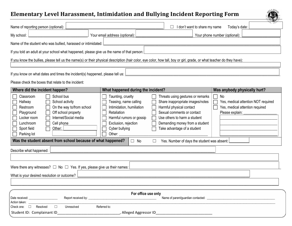 Elementary Level Harassment, Intimidation and Bullying Incident Reporting Form - Bellevue School District - Washington, Page 1