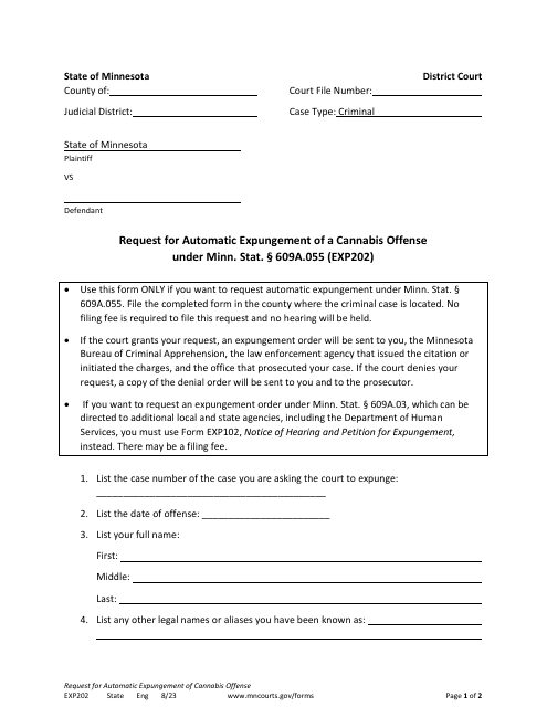 Form EXP202 Request for Automatic Expungement of a Cannabis Offense - Minnesota