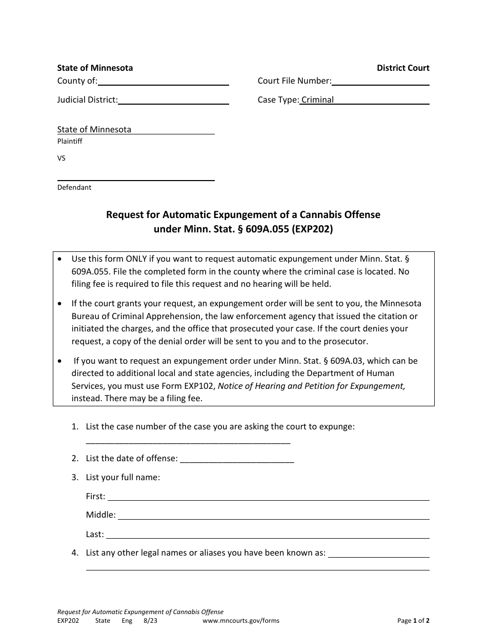 Form EXP202 Request for Automatic Expungement of a Cannabis Offense - Minnesota, Page 1
