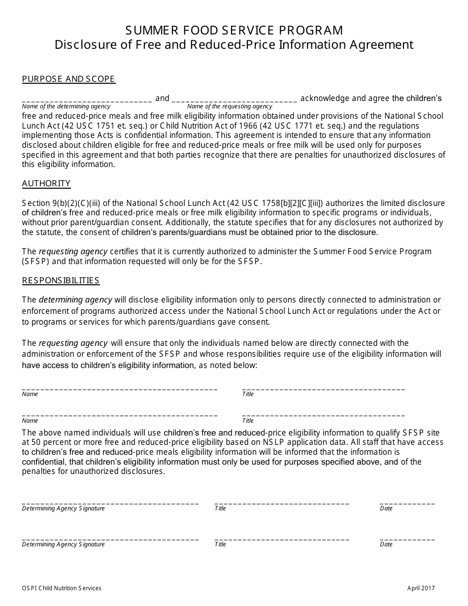 Disclosure of Free and Reduced-Price Information Agreement - Summer Food Service Program - Washington, Page 1