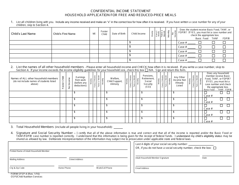 Form SFSP-4 Confidential Income Statement - Household Application for Free and Reduced-Price Meals - Washington, Page 1