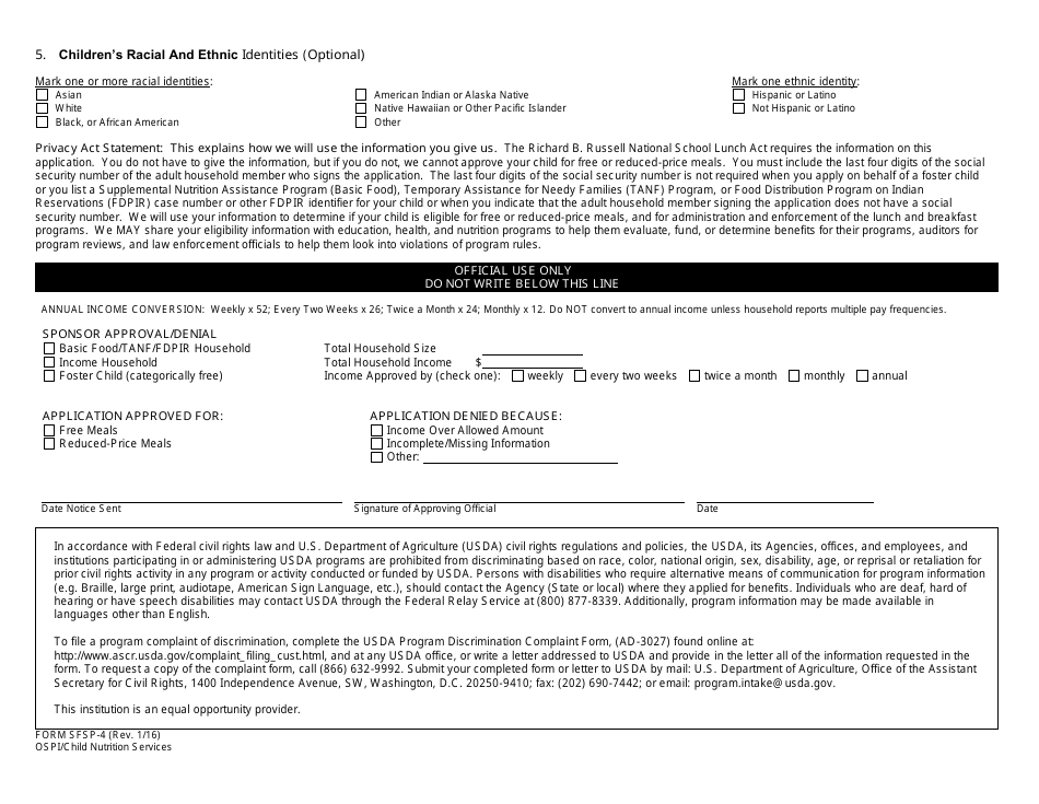 Form SFSP-4 Confidential Income Statement - Household Application for Free and Reduced-Price Meals - Washington, Page 2