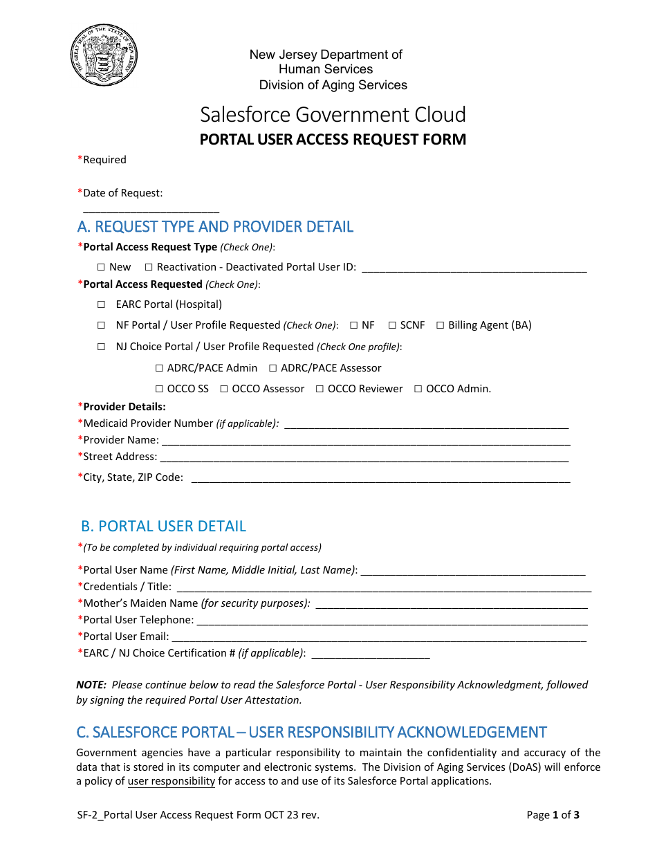 Form SF-2 Salesforce Government Cloud Portal User Access Request Form - New Jersey, Page 1