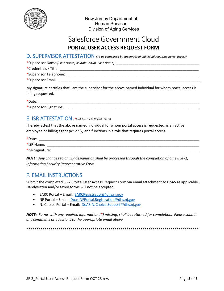 Form SF-2 Salesforce Government Cloud Portal User Access Request Form - New Jersey, Page 3