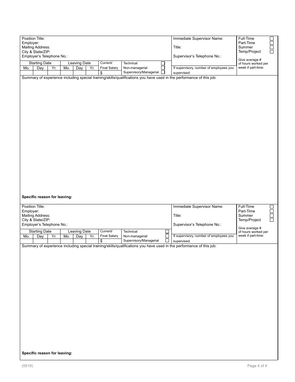 Application for Employment - Employment History Continuation Page - Texas, Page 1