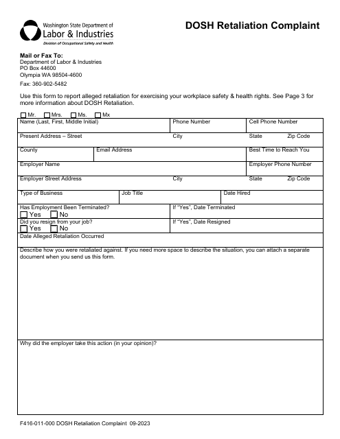 Form F416-011-000 Dosh Retaliation Complaint - Washington