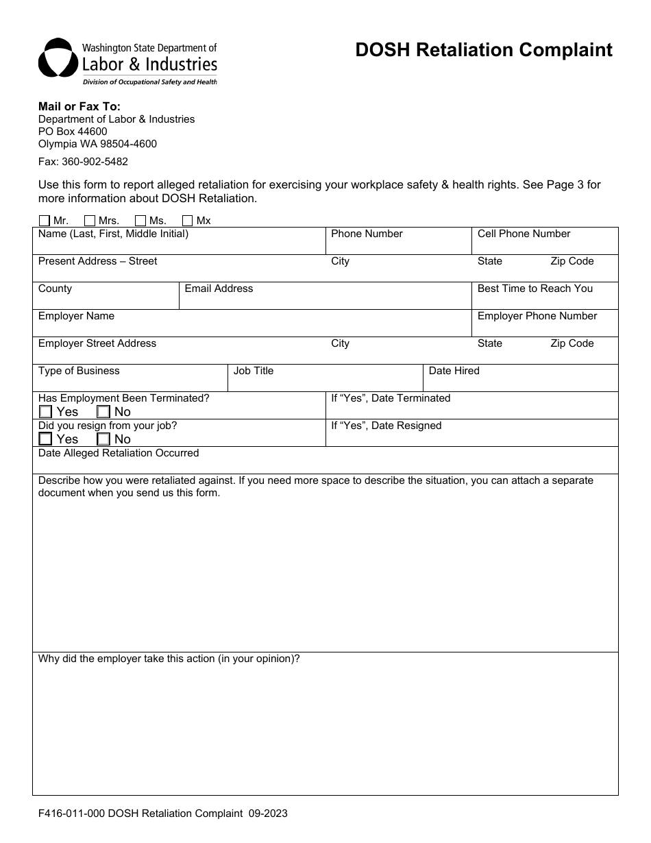 Form F416-011-000 Dosh Retaliation Complaint - Washington, Page 1