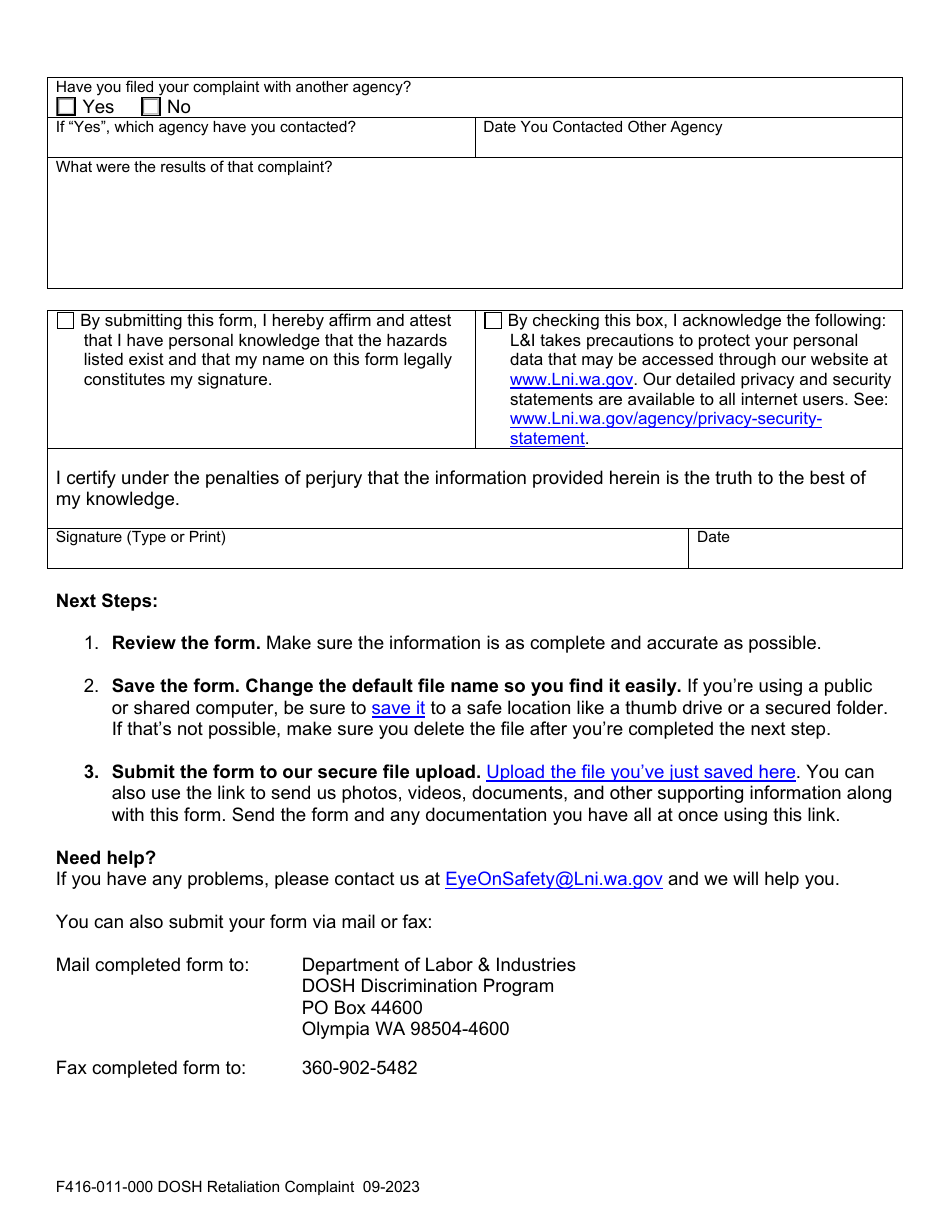 Form F416-011-000 Dosh Retaliation Complaint - Washington, Page 2