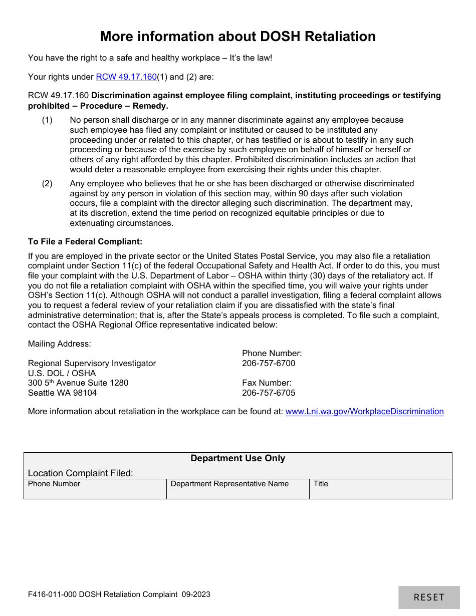 Form F416-011-000 Dosh Retaliation Complaint - Washington, Page 3