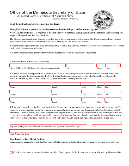 Assumed Name - Certificate of Assumed Name - Minnesota Download Pdf