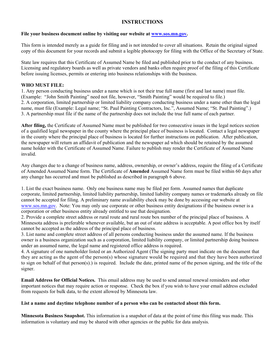 Minnesota Assumed Name Certificate of Assumed Name Fill Out Sign Minnesota Assumed Name Certificate of Assumed Name Fill Out Sign