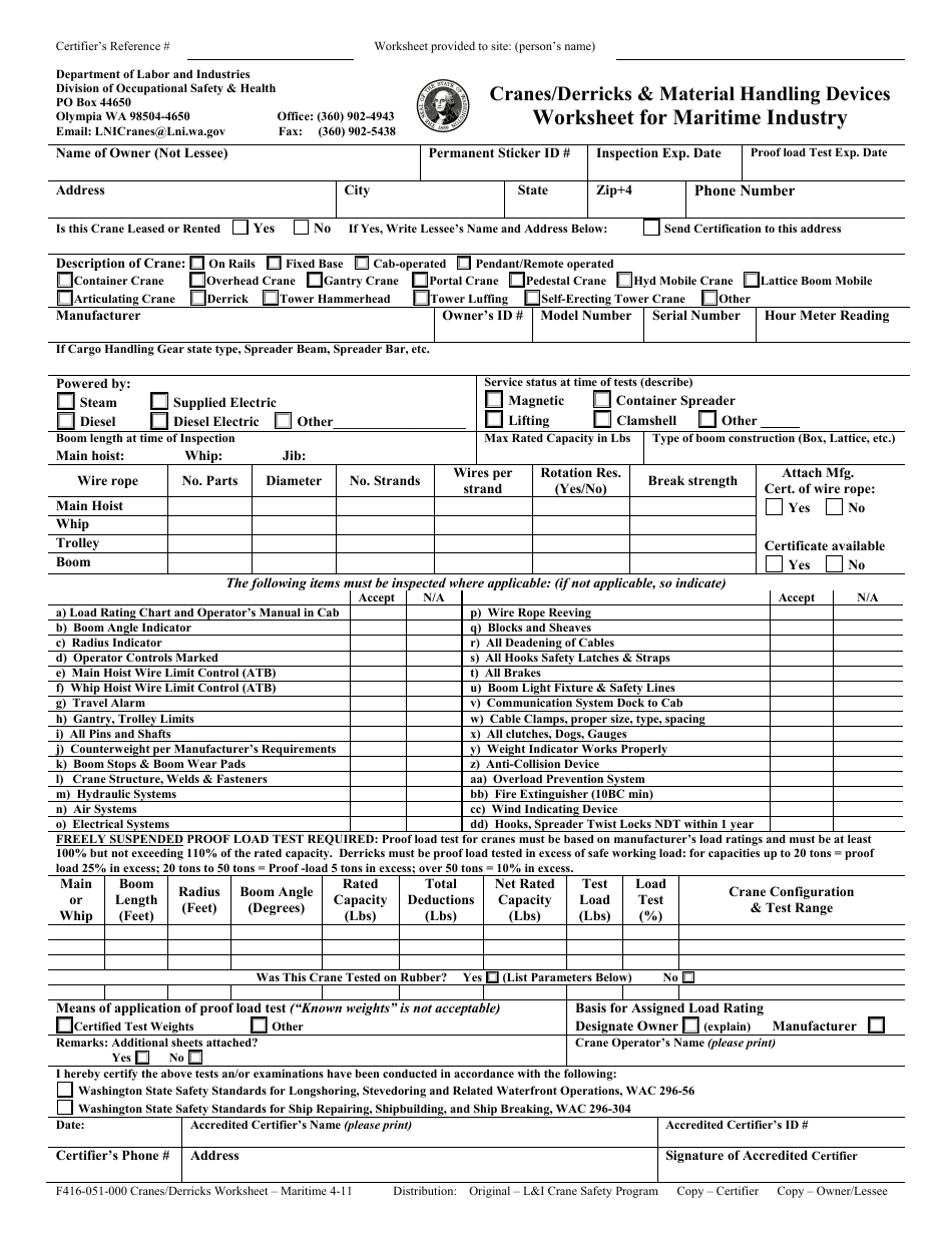 Form F416-051-000 Cranes / Derricks  Material Handling Devices Worksheet for Maritime Industry - Washington, Page 1