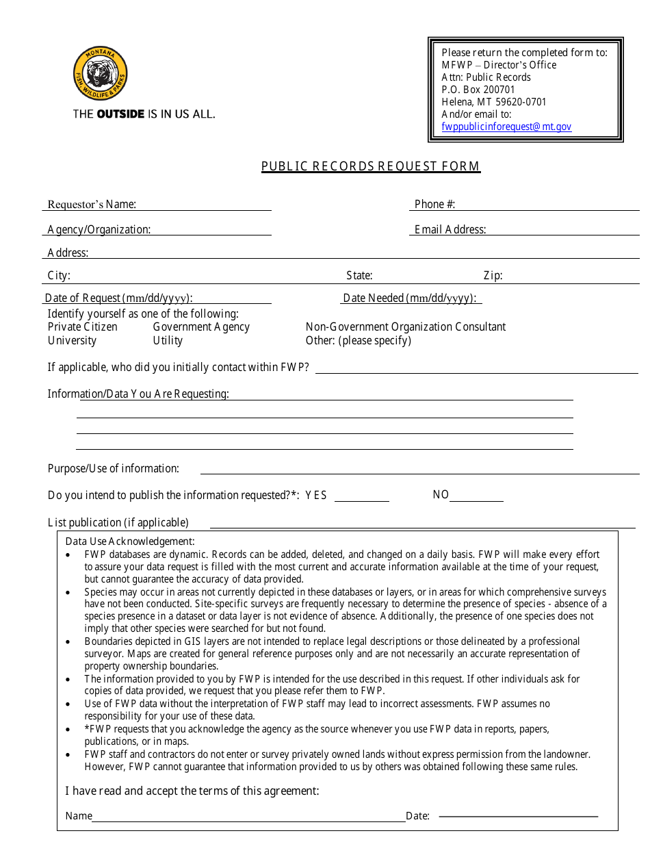 Public Records Request Form - Montana, Page 1