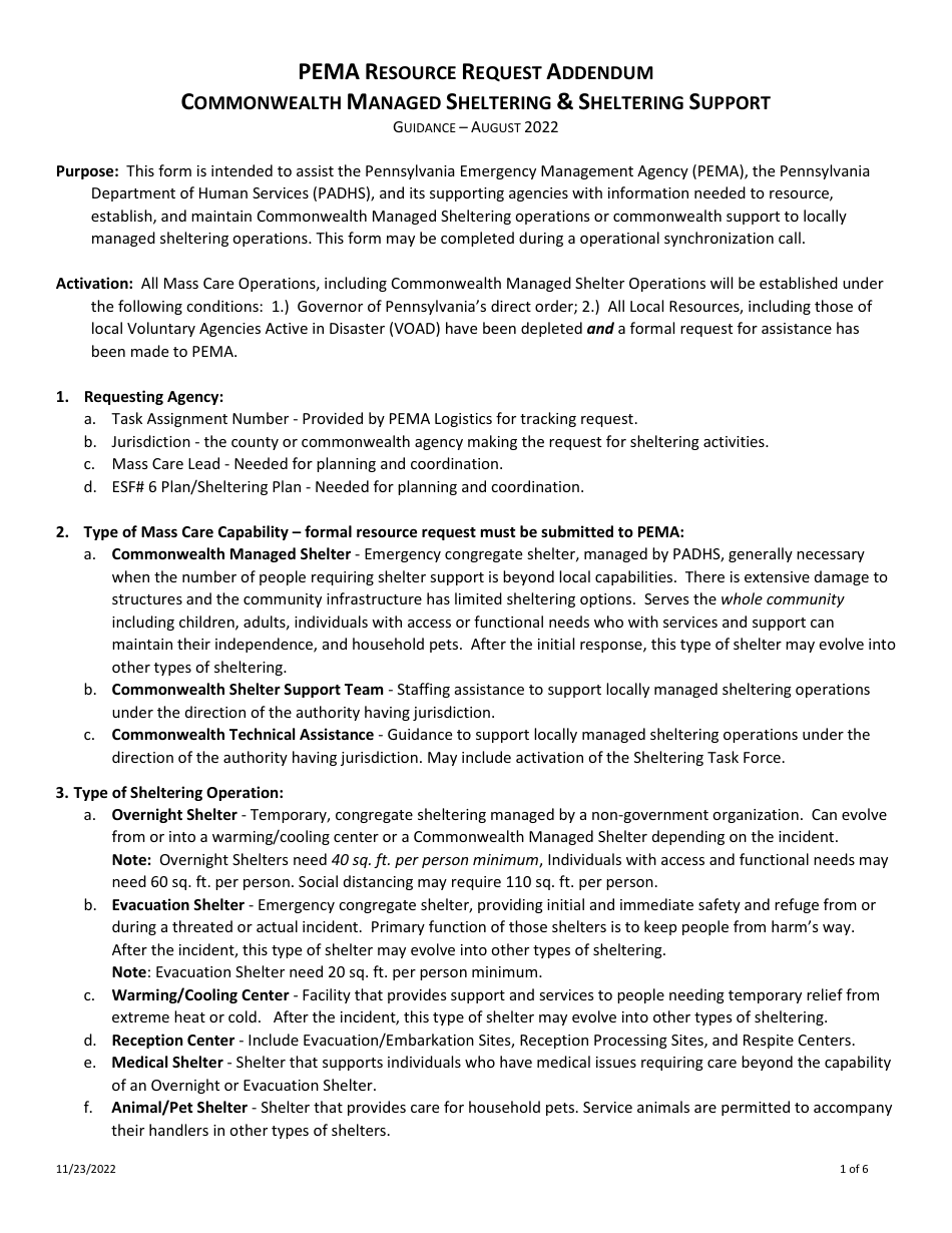 Pema Resource Request Addendum - Commonwealth Managed Sheltering  Sheltering Support - Pennsylvania, Page 1