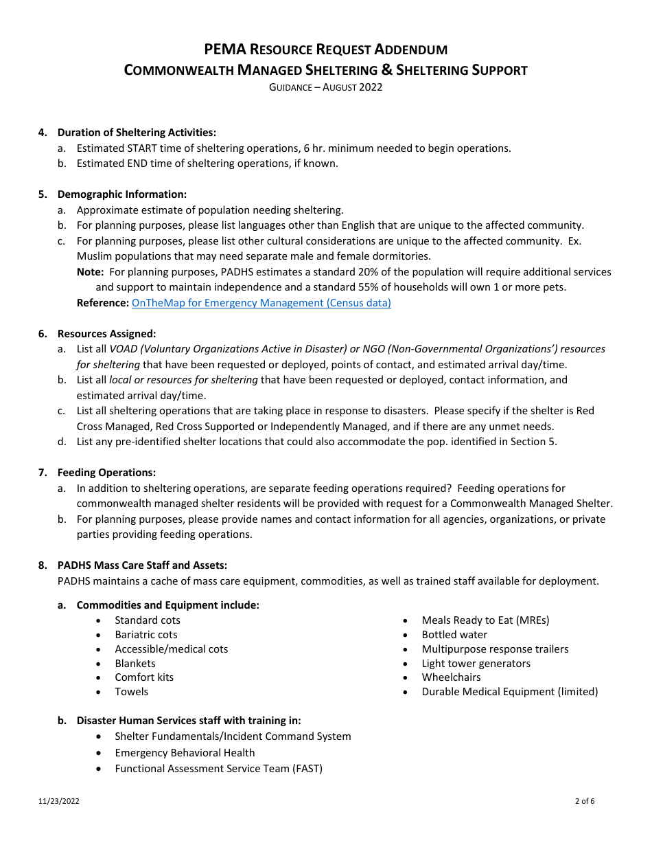 Pema Resource Request Addendum - Commonwealth Managed Sheltering  Sheltering Support - Pennsylvania, Page 2