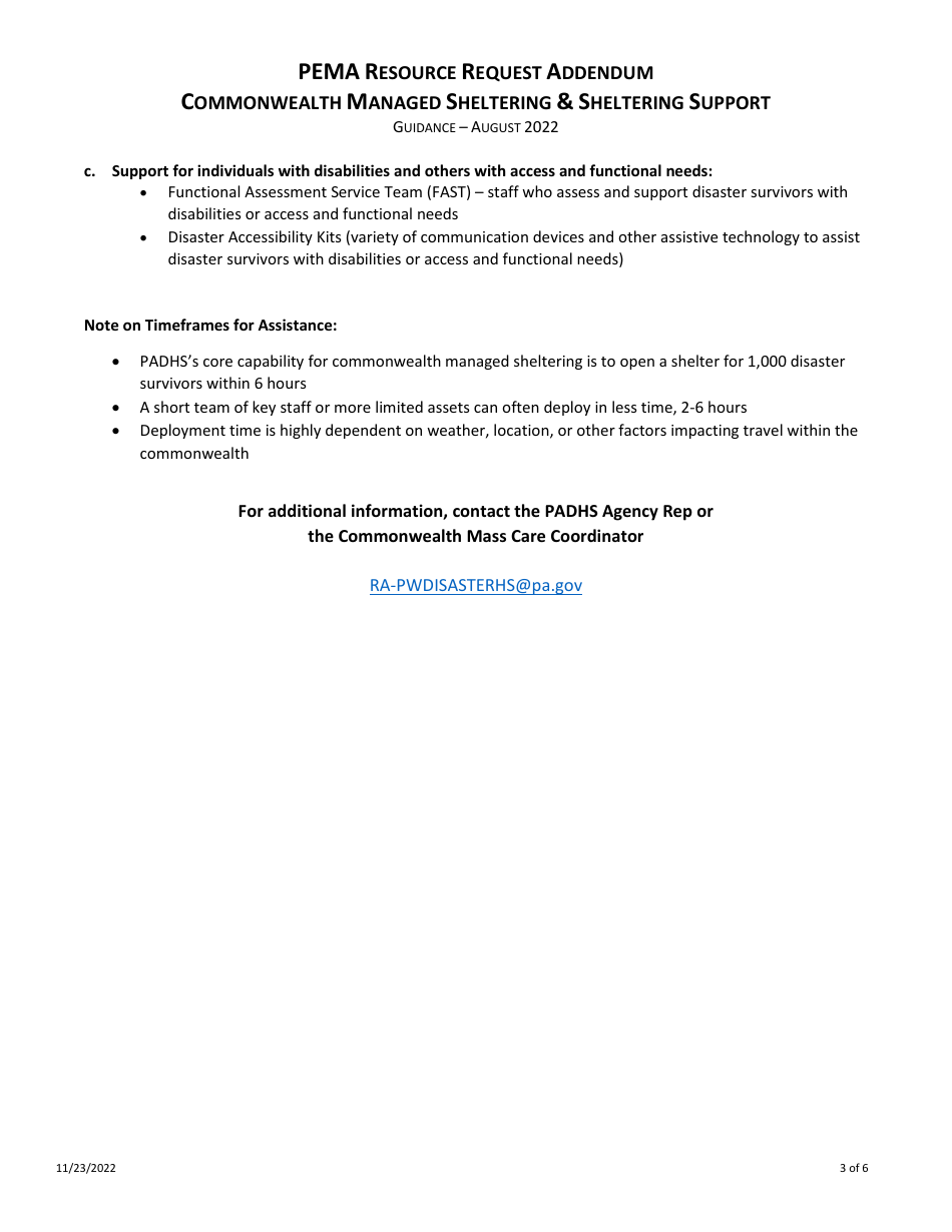 Pema Resource Request Addendum - Commonwealth Managed Sheltering  Sheltering Support - Pennsylvania, Page 3