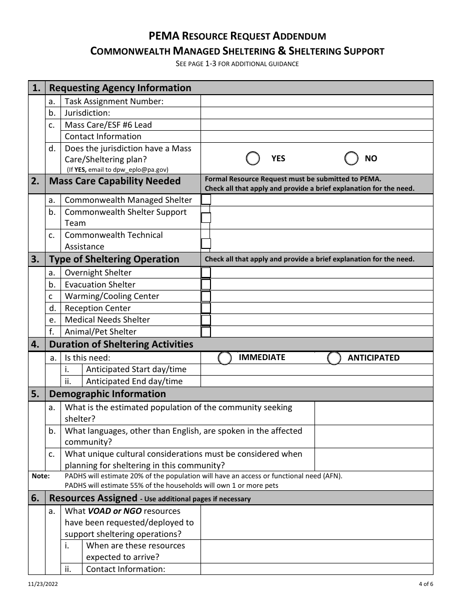 Pema Resource Request Addendum - Commonwealth Managed Sheltering  Sheltering Support - Pennsylvania, Page 4