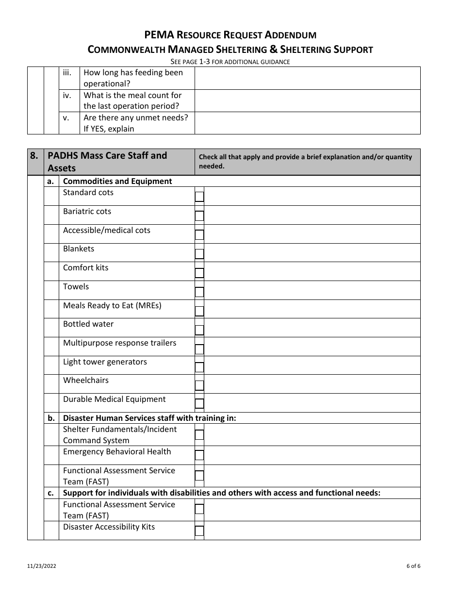 Pema Resource Request Addendum - Commonwealth Managed Sheltering  Sheltering Support - Pennsylvania, Page 6