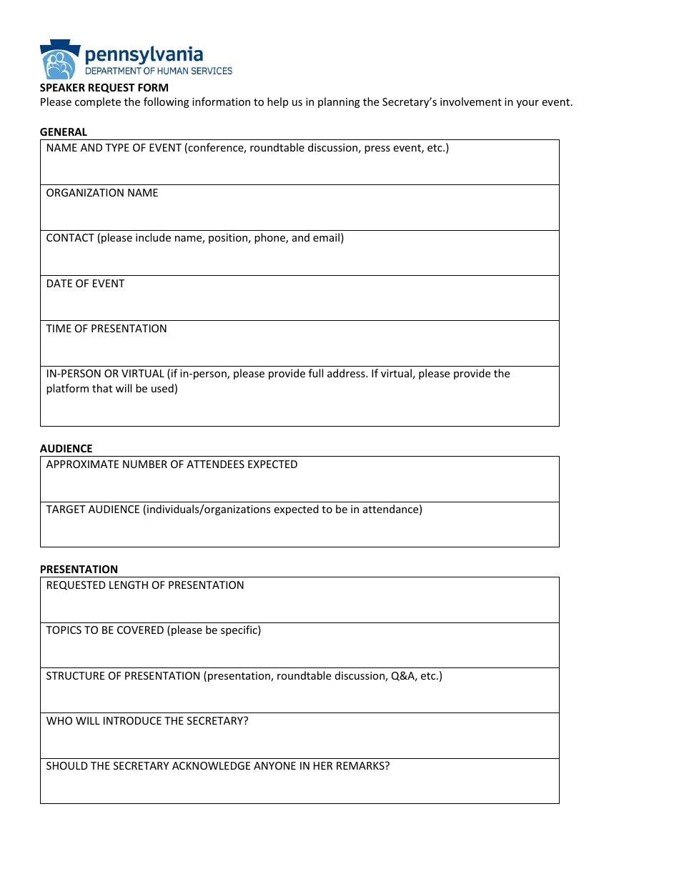 Speaker Request Form - Pennsylvania, Page 1