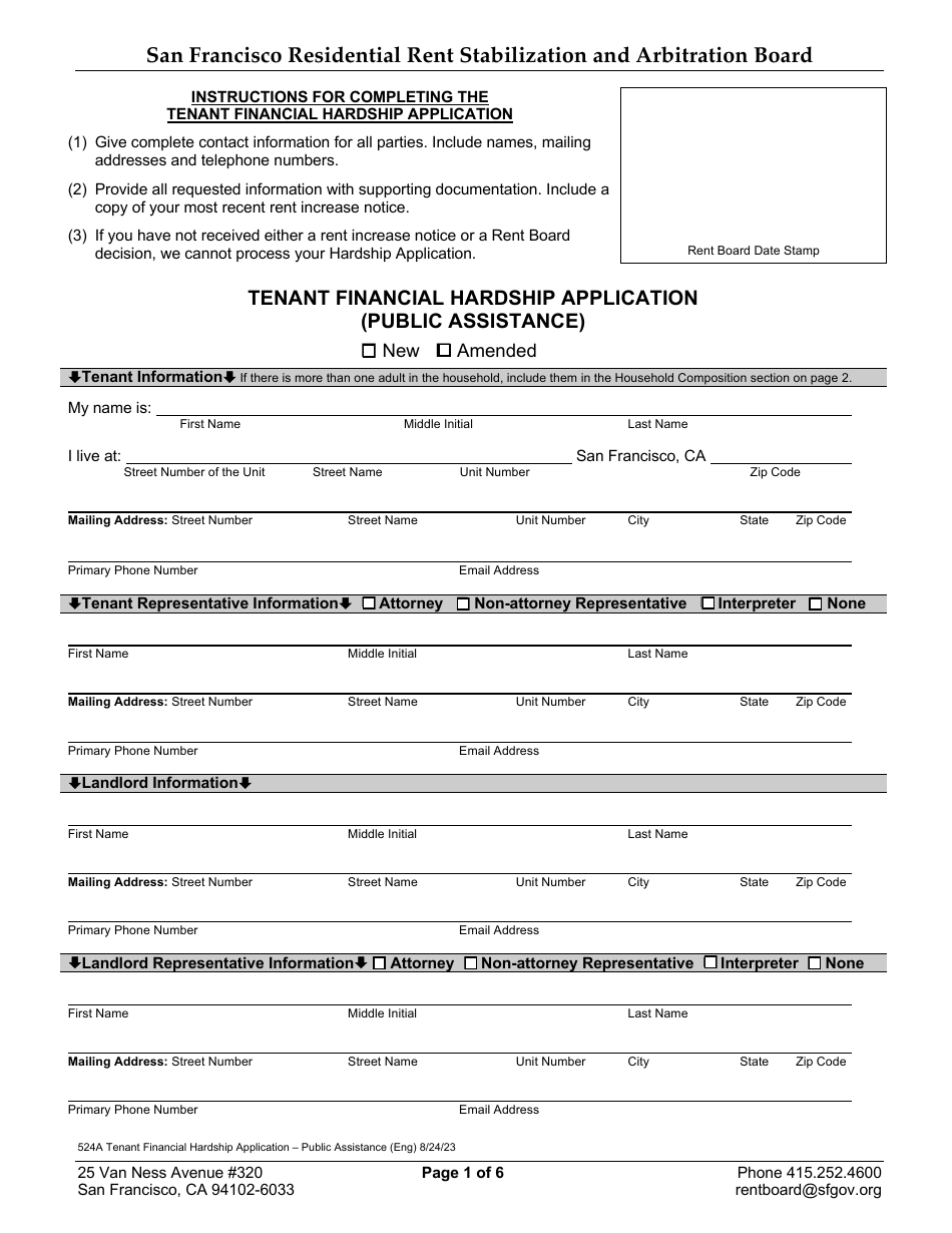 Form 524A Tenant Financial Hardship Application (Public Assistance) - City and County of San Francisco, California, Page 2