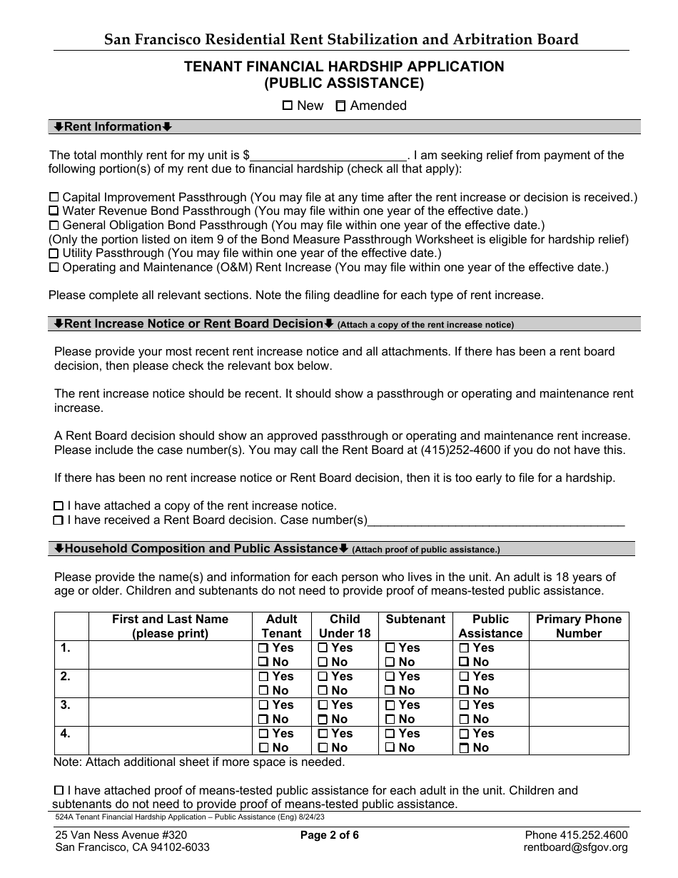 Form 524A Tenant Financial Hardship Application (Public Assistance) - City and County of San Francisco, California, Page 3