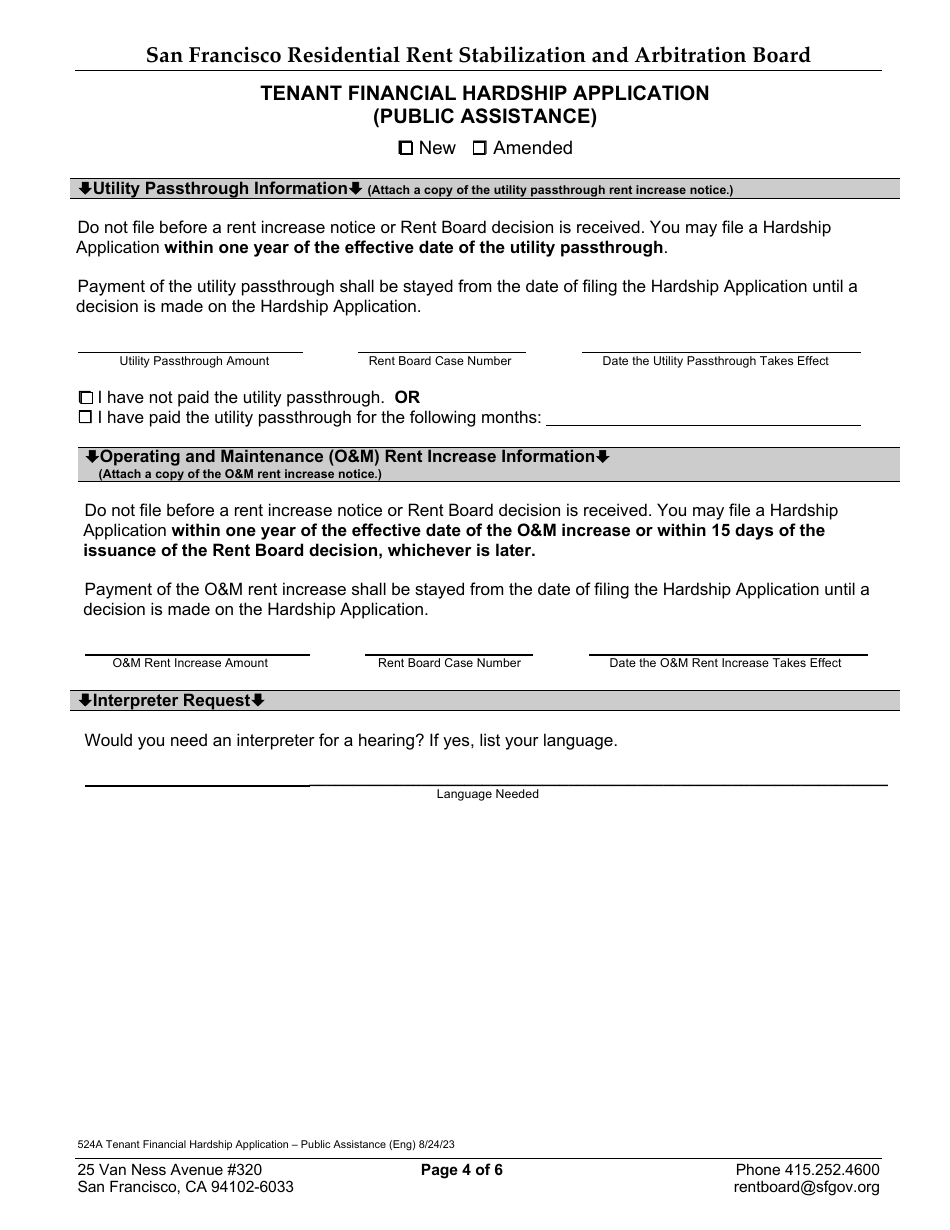 Form 524A Tenant Financial Hardship Application (Public Assistance) - City and County of San Francisco, California, Page 5