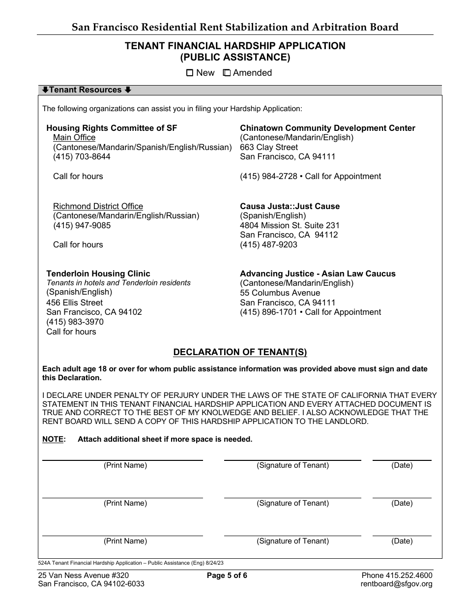 Form 524A Tenant Financial Hardship Application (Public Assistance) - City and County of San Francisco, California, Page 6