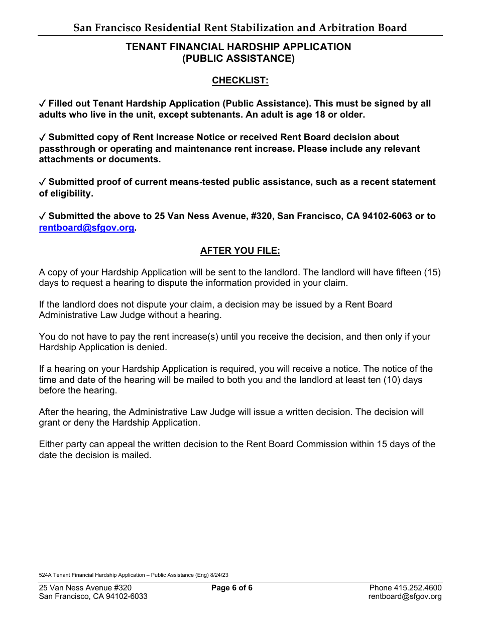 Form 524A Tenant Financial Hardship Application (Public Assistance) - City and County of San Francisco, California, Page 7