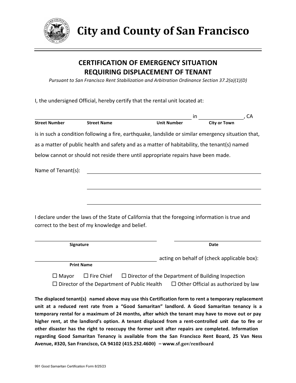 Form 990 Good Samaritan Tenancy Information and Certification Form - City and County of San Francisco, California, Page 2