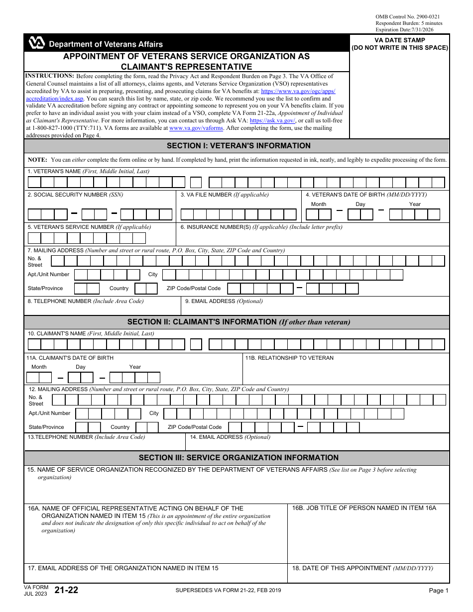 VA Form 21-22 Appointment of Veterans Service Organization as Claimants Representative, Page 1