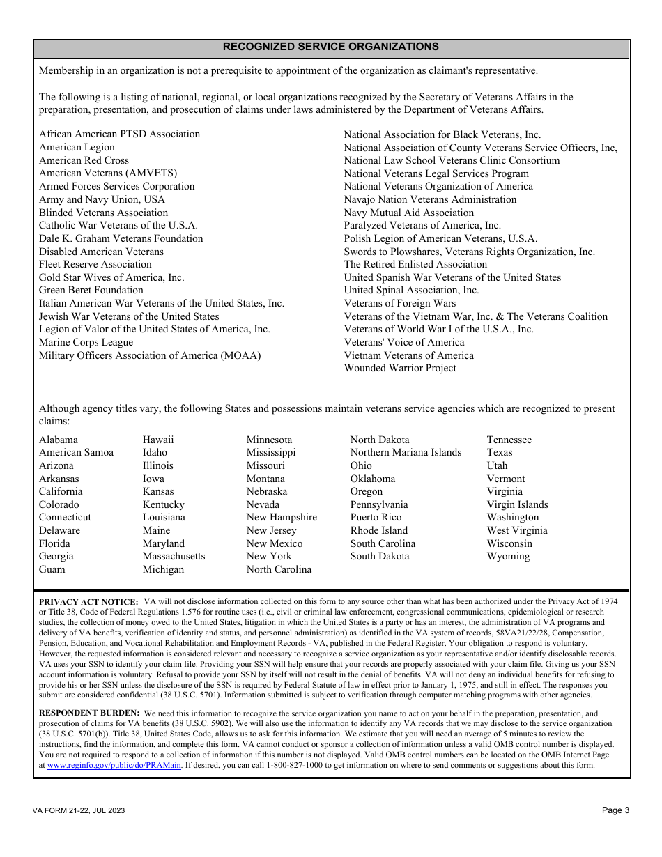 VA Form 21-22 Appointment of Veterans Service Organization as Claimants Representative, Page 3