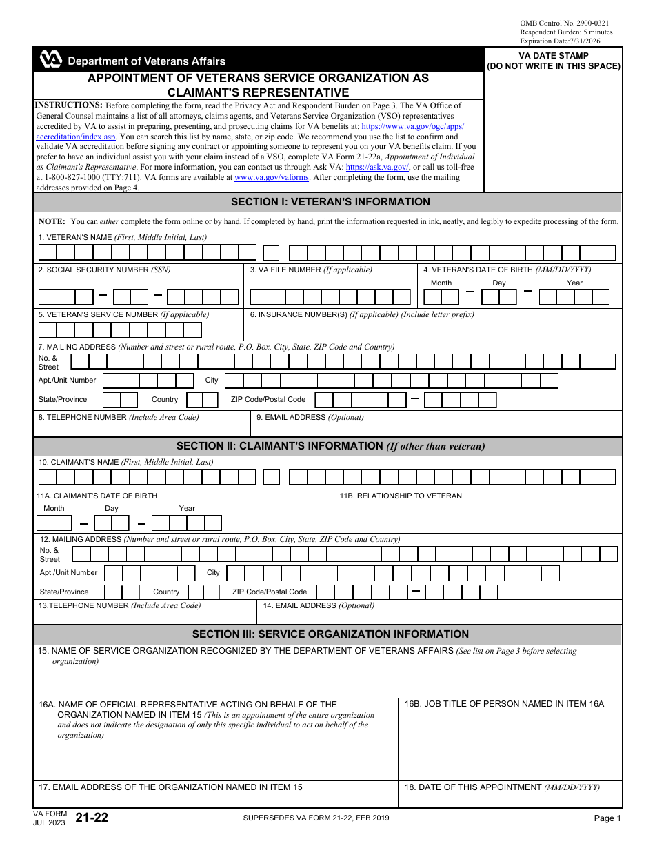 VA Form 21-22 Download Fillable PDF or Fill Online Appointment of ...