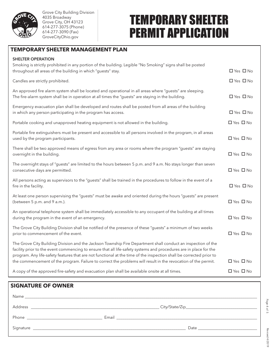 Temporary Shelter Permit Application - Grove City, Ohio, Page 4